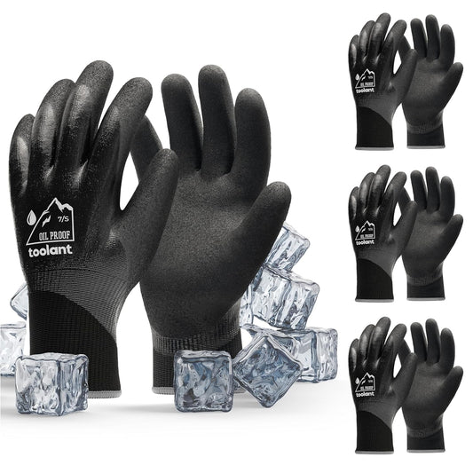 Waterproof Gloves Bulk Pack for Men and Women, 3 Pairs, Freezer Gloves with Grip, Double Nitrile Dipped for Extreme Oil Repellent, for Construction, Mechanics, Mining, Plumbing, Black, Small
