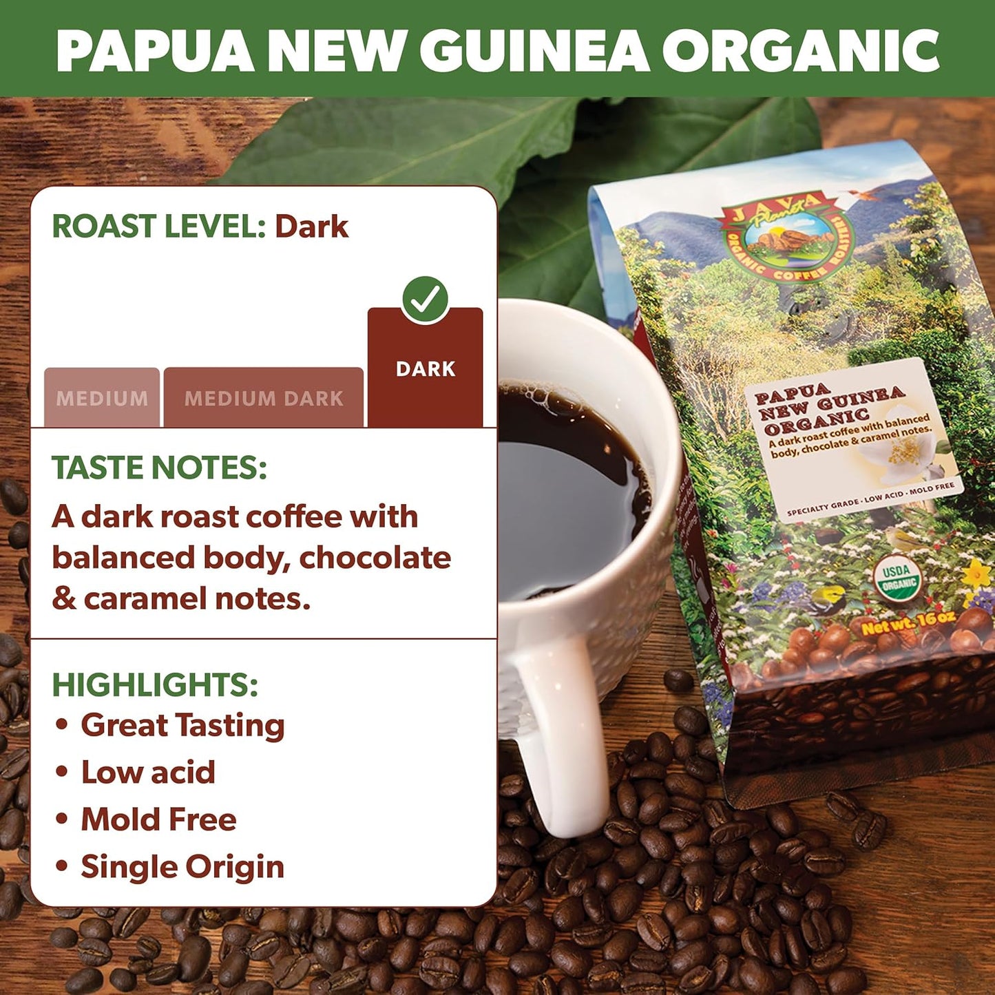 Low Acid Organic Coffee – Whole Bean, Mold-Free & Stomach Friendly by Java Planet, Papua New Guinea Single Origin Coffee, Dark Roast, Smooth Full Flavored, 1LB Bag