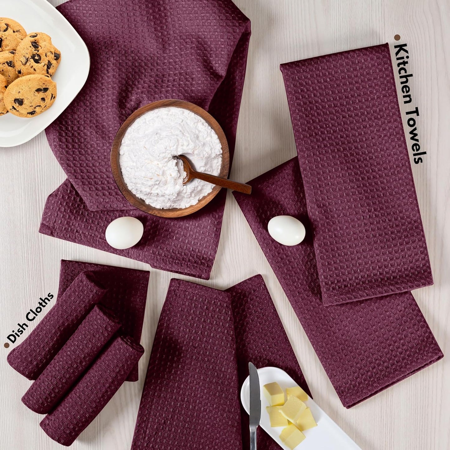 Native Fab Kitchen Towels & Dish Cloth Set, 100% Cotton, 8 Piece, Absorbent, Durable, Washable, Quick Drying Towel for Cleaning, Cooking, Baking - Ideal for Home, Bars & Everyday Use - Burgundy Wine