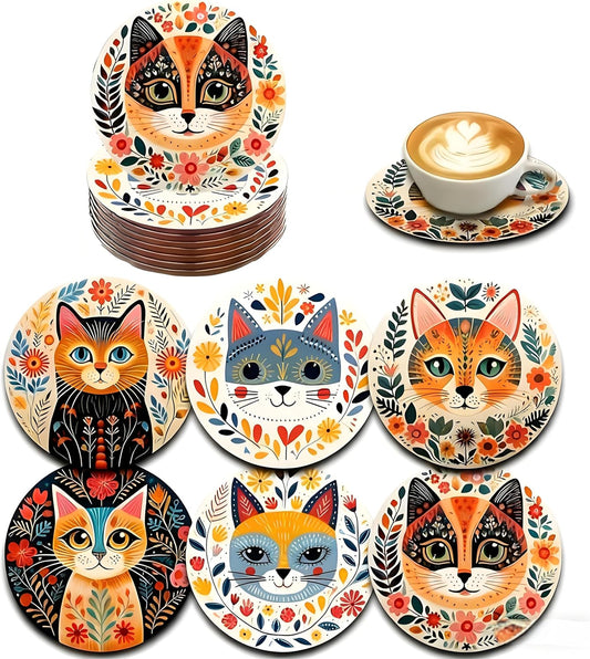 Wood Coasters Set of 6 - Handcrafted Drink Coaster Thick Heat-Resistant for Office, Bar, Farmhouse - Cute Cat Drink Cup Coasters for Table Protection