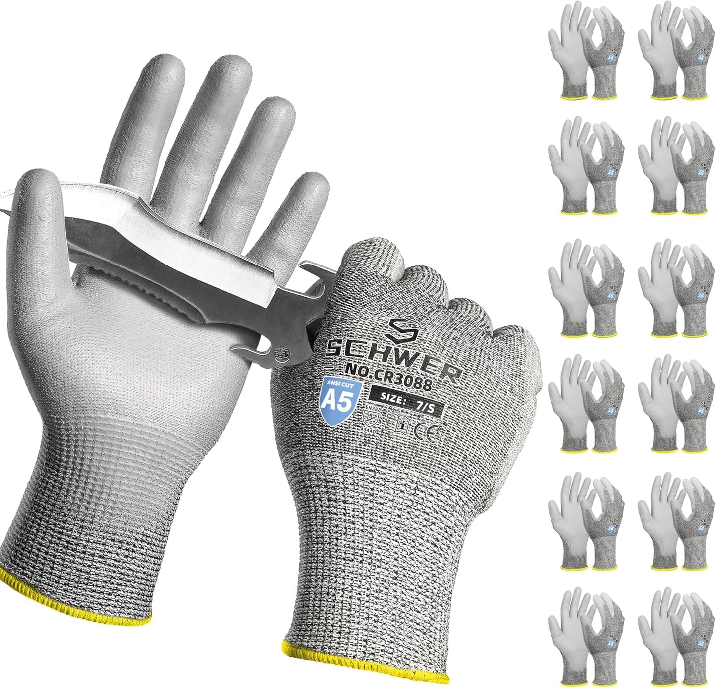 12 Pairs ANSI A5 Cut Resistant Work Gloves, Cut Proof Gloves with PU Coating, Used for Metal Fabrication, WoodWorking, Construction, Non Slip, Durable, S, CR3088