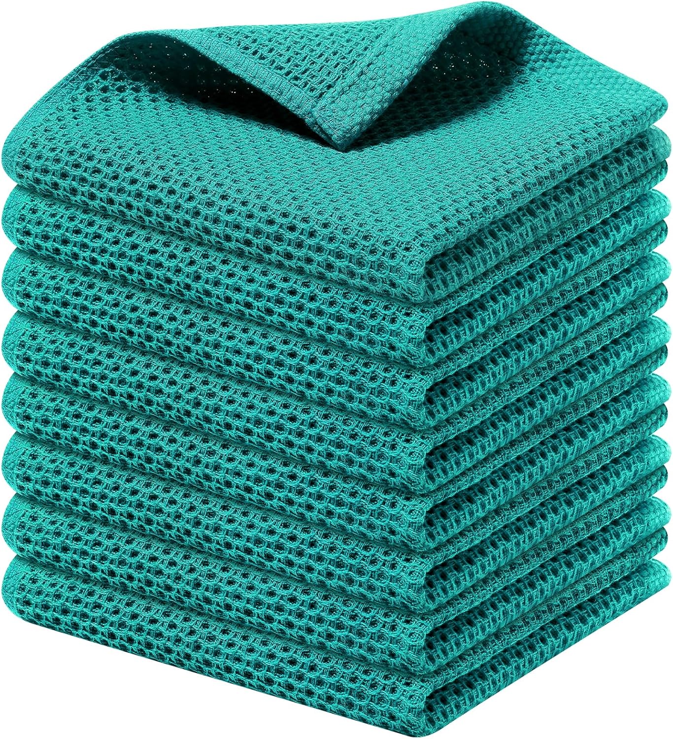 Kitinjoy 100% Cotton Kitchen Dish Cloths, 8 Pack Waffle Weave Ultra Soft Absorbent Dish Towels for Drying Dishes Quick Drying Kitchen Towels Dish Rags, 12 X 12 Inches, Teal