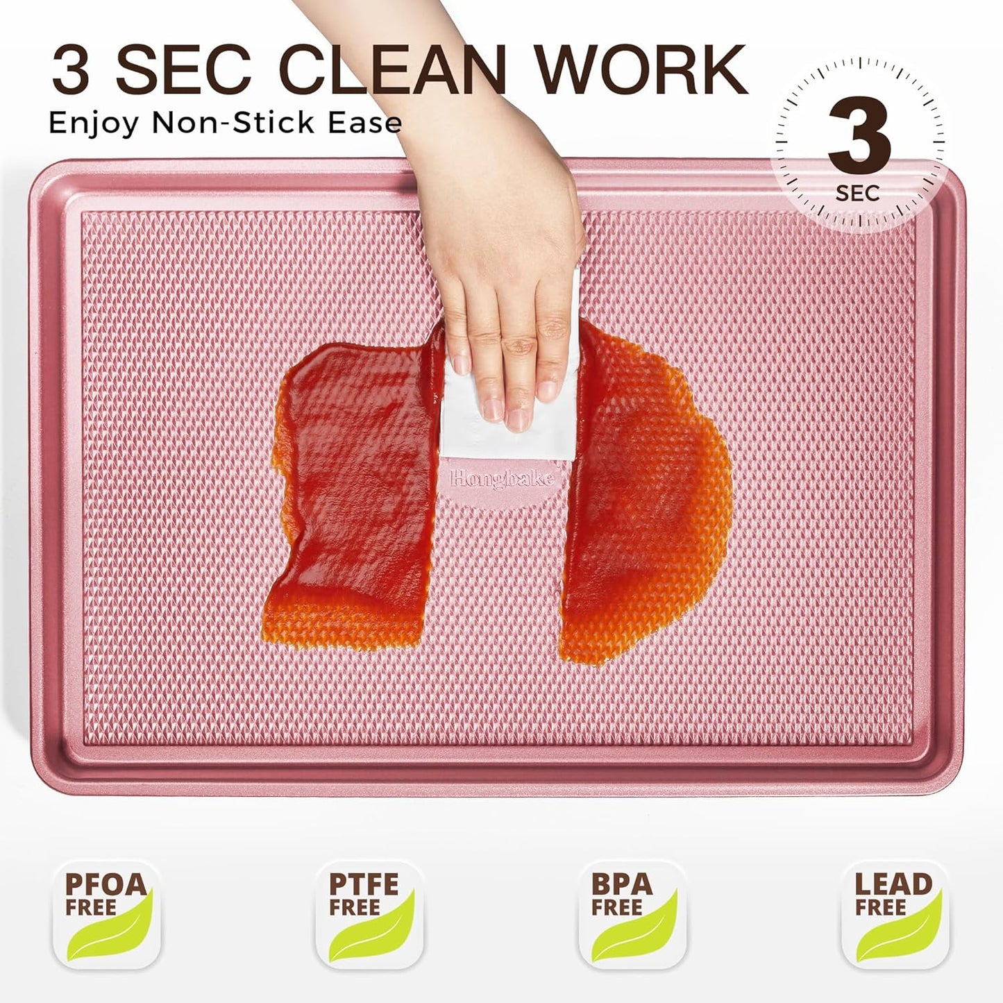 HONGBAKE Baking Sheet Pan Set, Cookie Sheets for Oven, Nonstick Half/Quarter/Jelly Roll Pans with Diamond Texture Pattern, Heavy Duty Cookie Tray, Pink