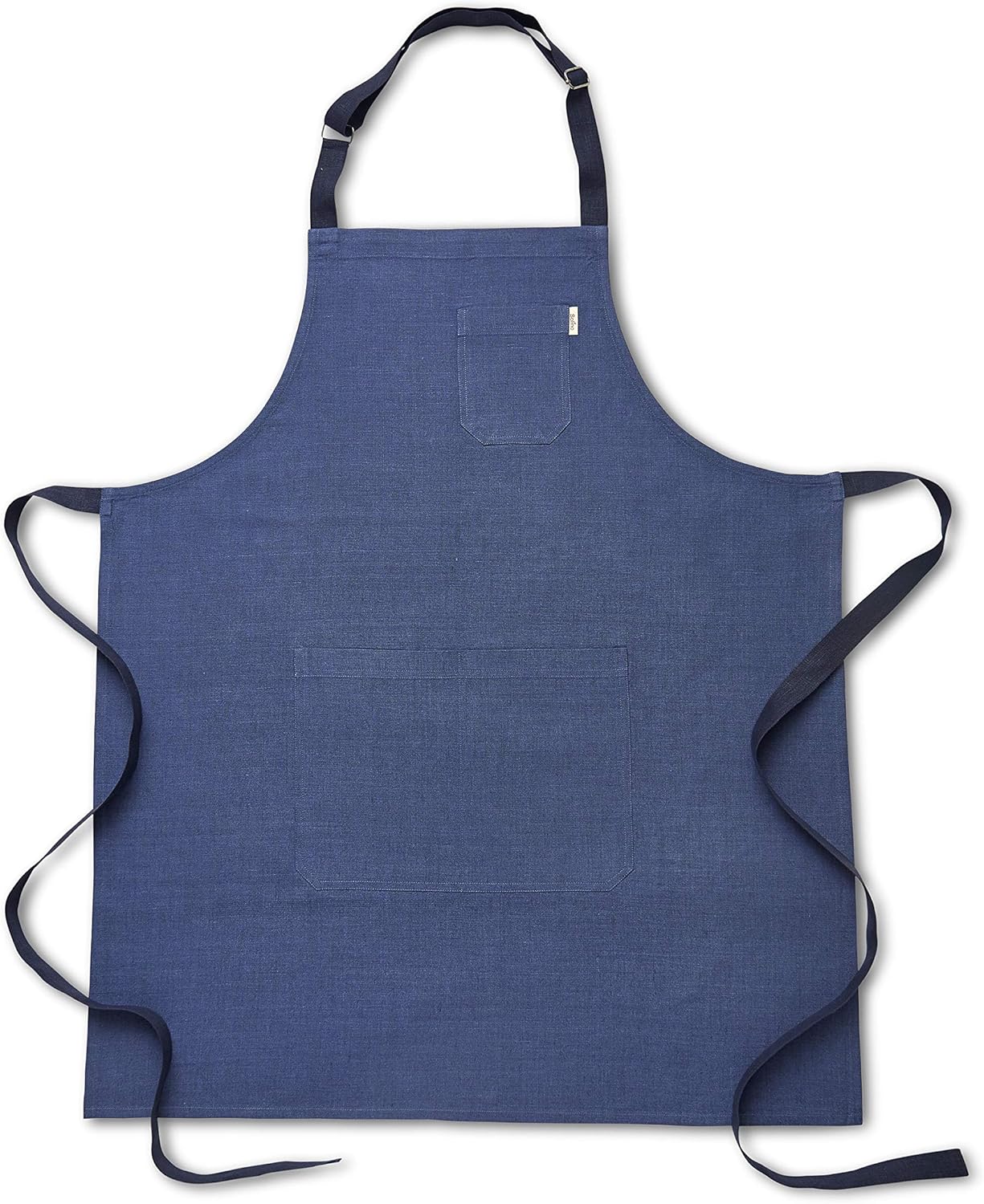 Solino Home Linen Kitchen Apron for Men & Women - 100% Pure Linen Blue/Navy Bib Apron with Front Pockets - Handcrafted from European Flax