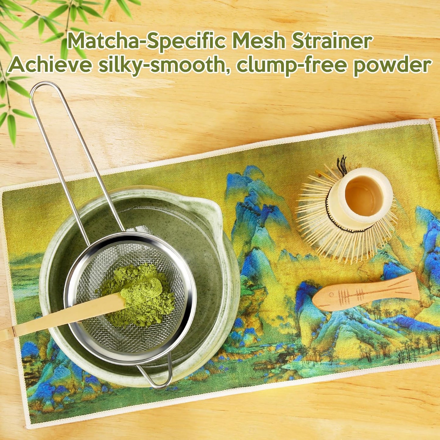 Matcha Whisk Set, 7 PCS Matcha Kit for Tea Ceremony, Matcha Whisk and Holder, Ceramic Matcha Bowl with Spout, Bamboo Scoop, Scoop Holder, Stainless Matcha Sifter and Tea Towel