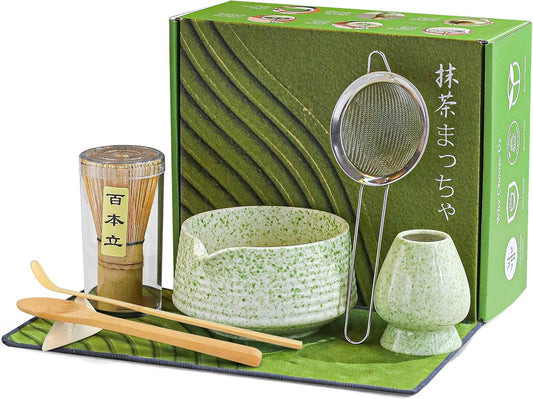 BEWOS 8 Pcs Matcha Whisk Set - 18OZ Ceramic Bowl with Spout, Matcha Sifter, Matcha Whisk Holder & Bamboo Matcha Whisk | Matcha Scoop, Complete Japanese Tea Ceremony Kit for Matcha Lover(Mottled Green)
