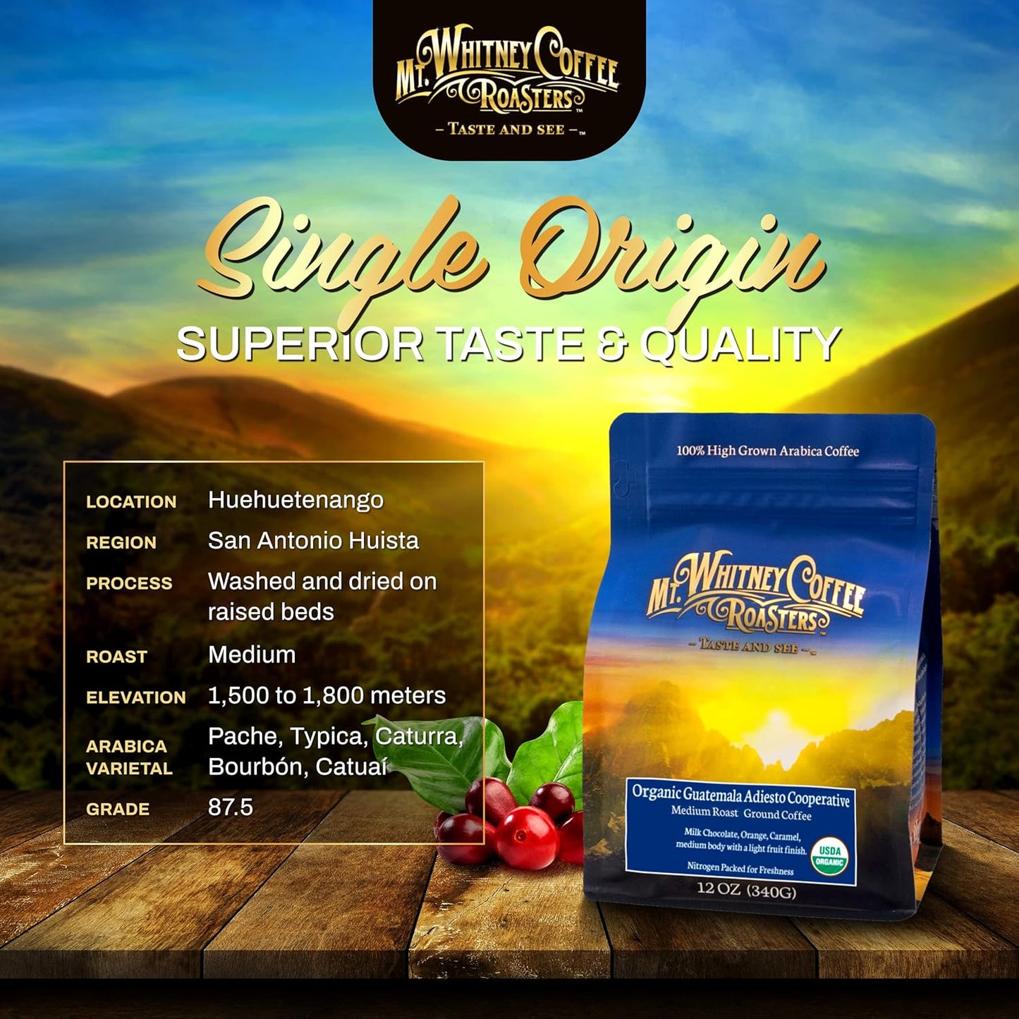 Mt. Whitney Guatemala Adiesto Cooperative Organic, Low Acid Coffee - Ground Coffee (Ground, 12oz)