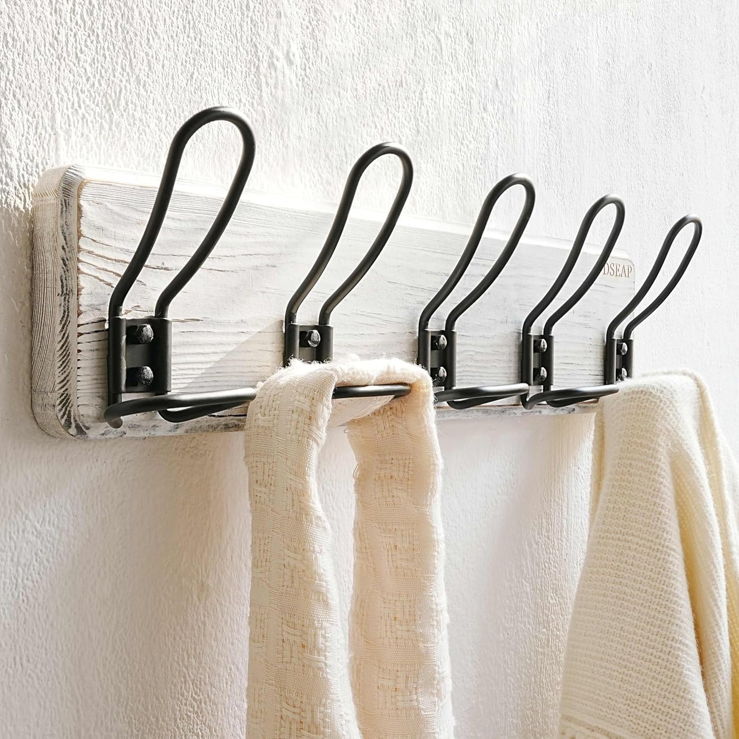 Dseap Coat Rack Wall Mounted - Heavy Duty Farmhouse Rustic Wall Coat Hanger With 5 Wire Hooks for Clothes Hat Jacket Towel, RusticWire, G25A, Whitewash & Black, Pack of 2