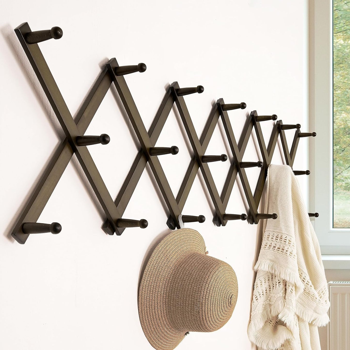 Dseap Accordion Wall Hanger:16'' High Wooden Wall Expandable Coat Rack,Hat Rack Holder,Accordion Hook for Baseball Caps,Coats,20 Peg Hooks,Dark Walnut