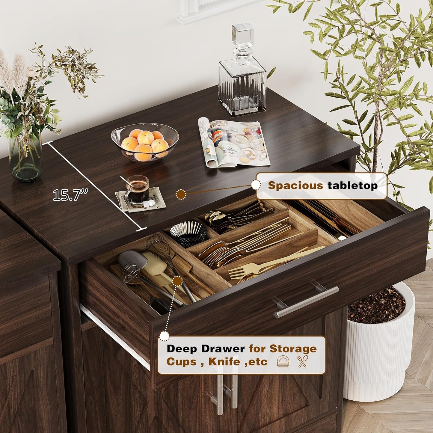 Vongrasig Sideboard Buffet Cabinet with Storage, Modern Kitchen Storage Cabinet with 1 Drawer and 2 Doors, Wood Coffee Bar Buffet Table for Kitchen, Dining Room, Rustic Brown