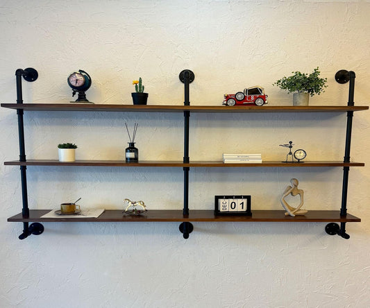 ROGMARS Industrial Pipe Wall Shelves Pipe Shelving with Real Wood Plank,70 Inches Floating Shelves for Wall Farmhouse Pipe Book Shelves Dark Brown 3Tier for Kitchen,Living Room Decor and Bar Shelving