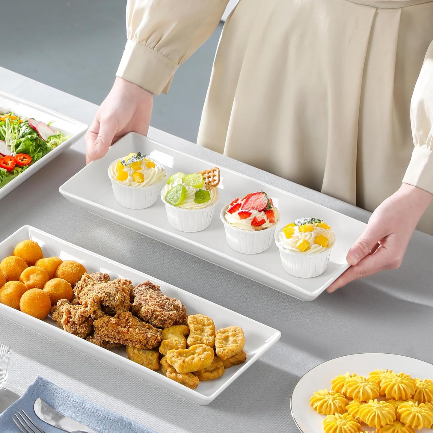 MALACASA 3 Tier Serving Trays for Party, 14 Inch Porcelain White Trays for Serving Food, Dessert Stand with Collapsible Gold Metal Rack