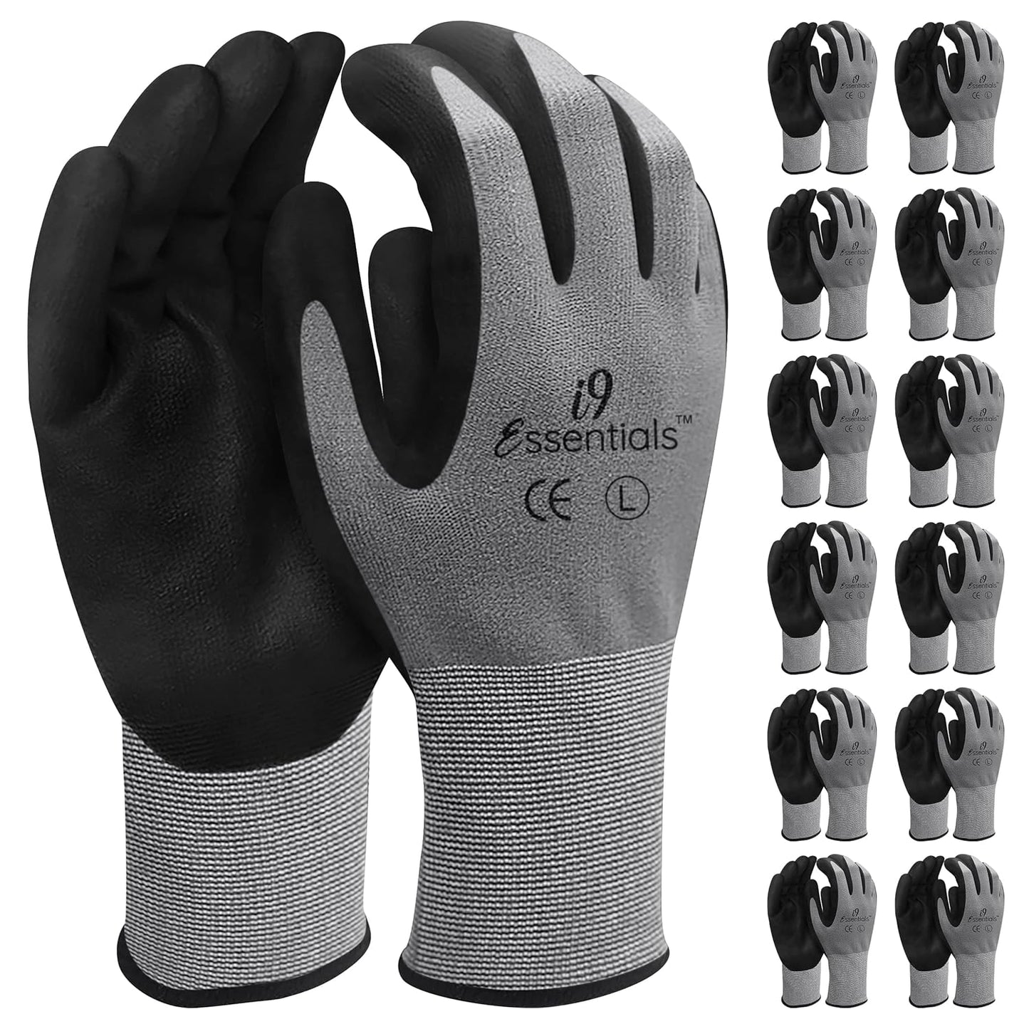 I9 Essentials Safety Work Gloves – 12 Pairs MicroFoam Nitrile Coated, Seamless Nylon Knit Grip Gloves for Construction, Home Improvement, Gardening, Mechanics, Automotive – Large, Breathable