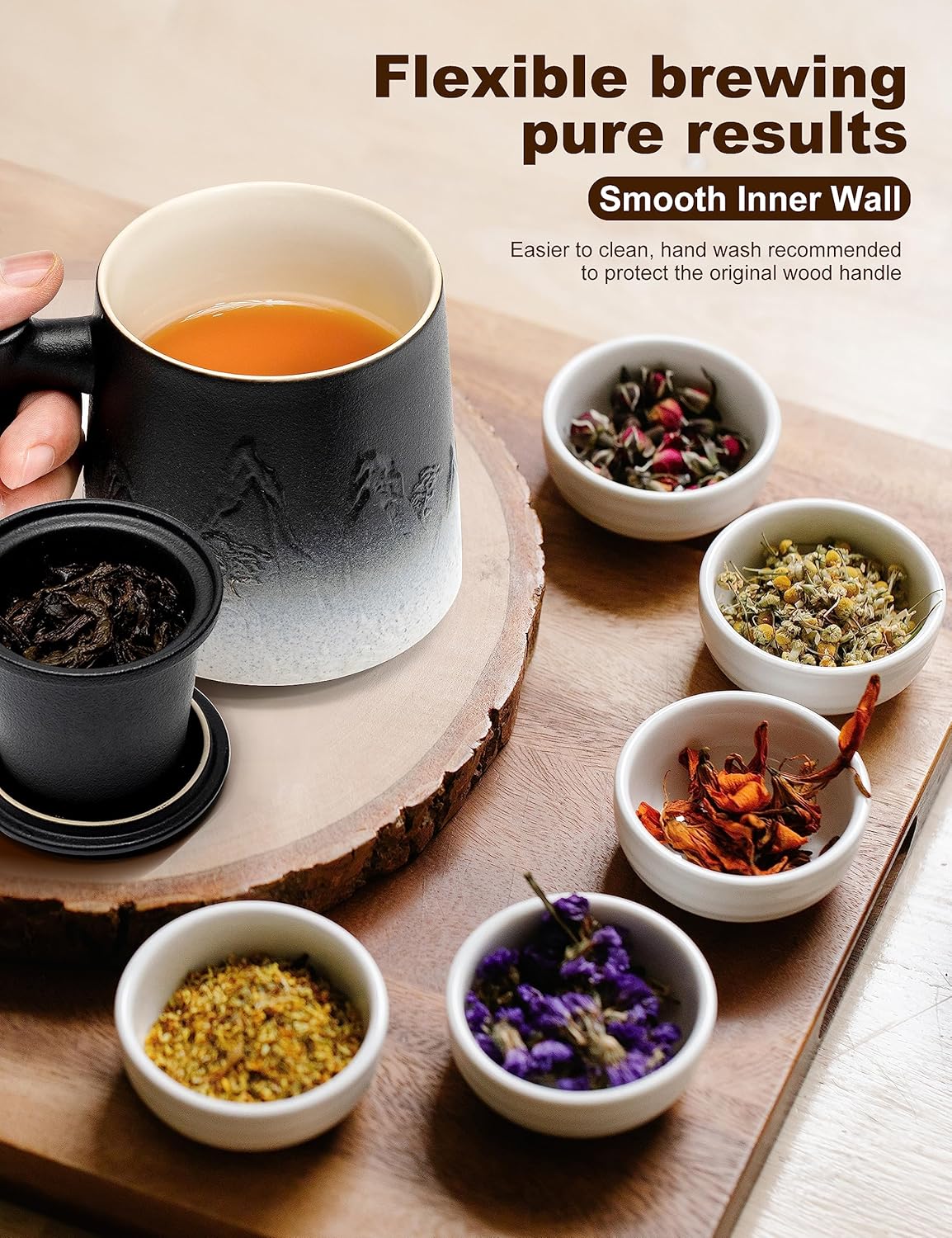 suyika Ceramic Tea Cup with Infuser and Lid, Gradient Embossed Large Tea Mug Wooden Handle for Steeping Loose Leaf, Tea Lover Gifts 15.2 oz / 450 ml,Matte Black