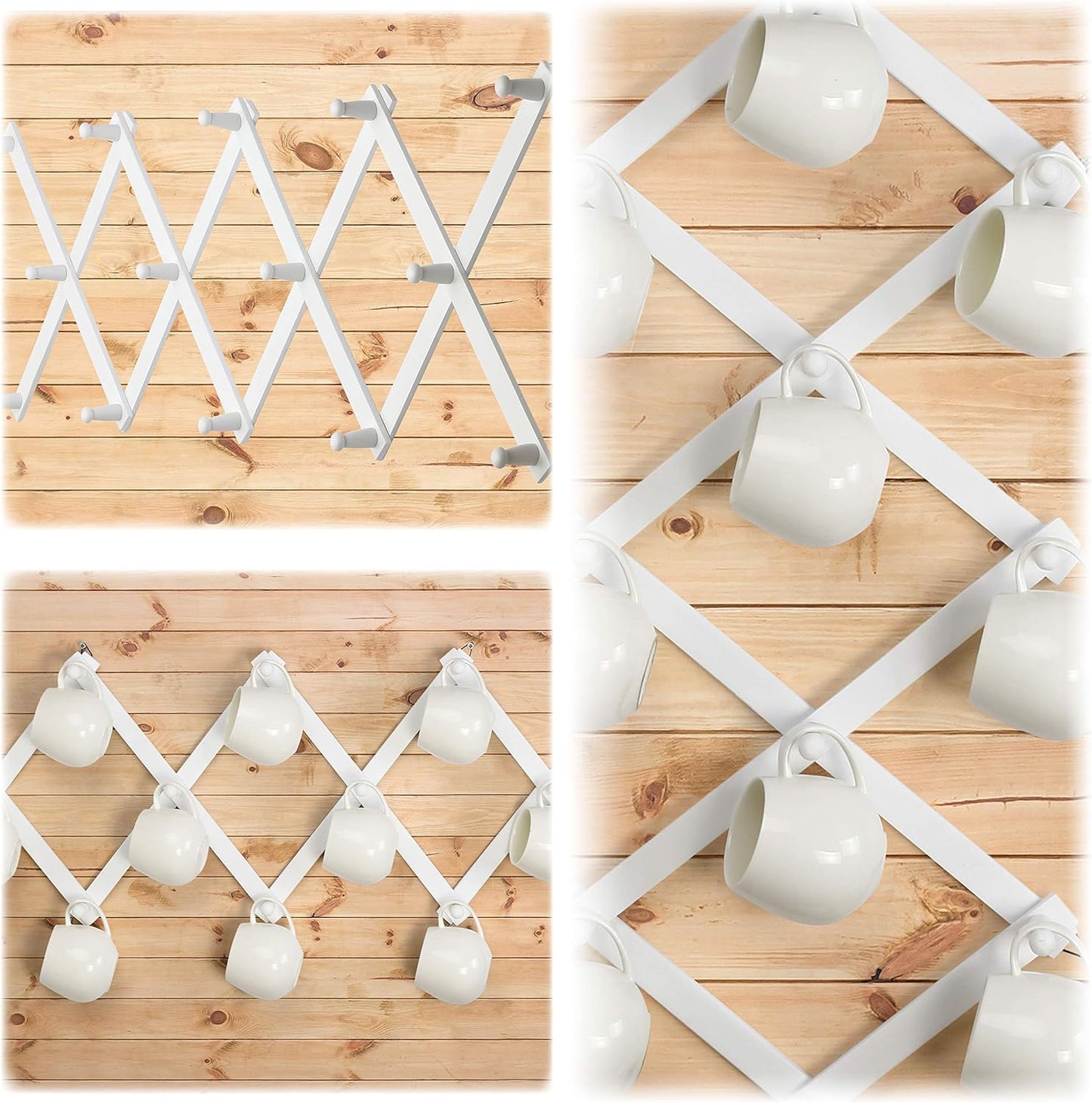 Dseap Accordian Wall Hanger: 16” High Wooden Wall Expandable Coat Rack, Hat Rack Holder, Accordion Hook for Baseball Caps, Coats, Mugs, 14 Peg Hooks, White