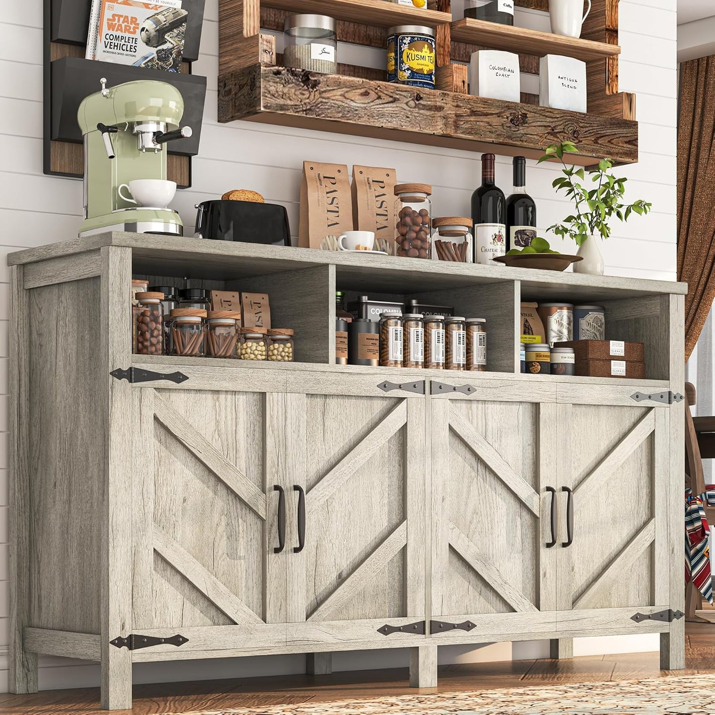 Buffet Cabinet with Storage Farmhouse with 4 Doors, 55'' Large Kitchen Storage Cabinet Wood Coffee Bar Buffet Sideboard for Kitchen, Dining Room, Entryway