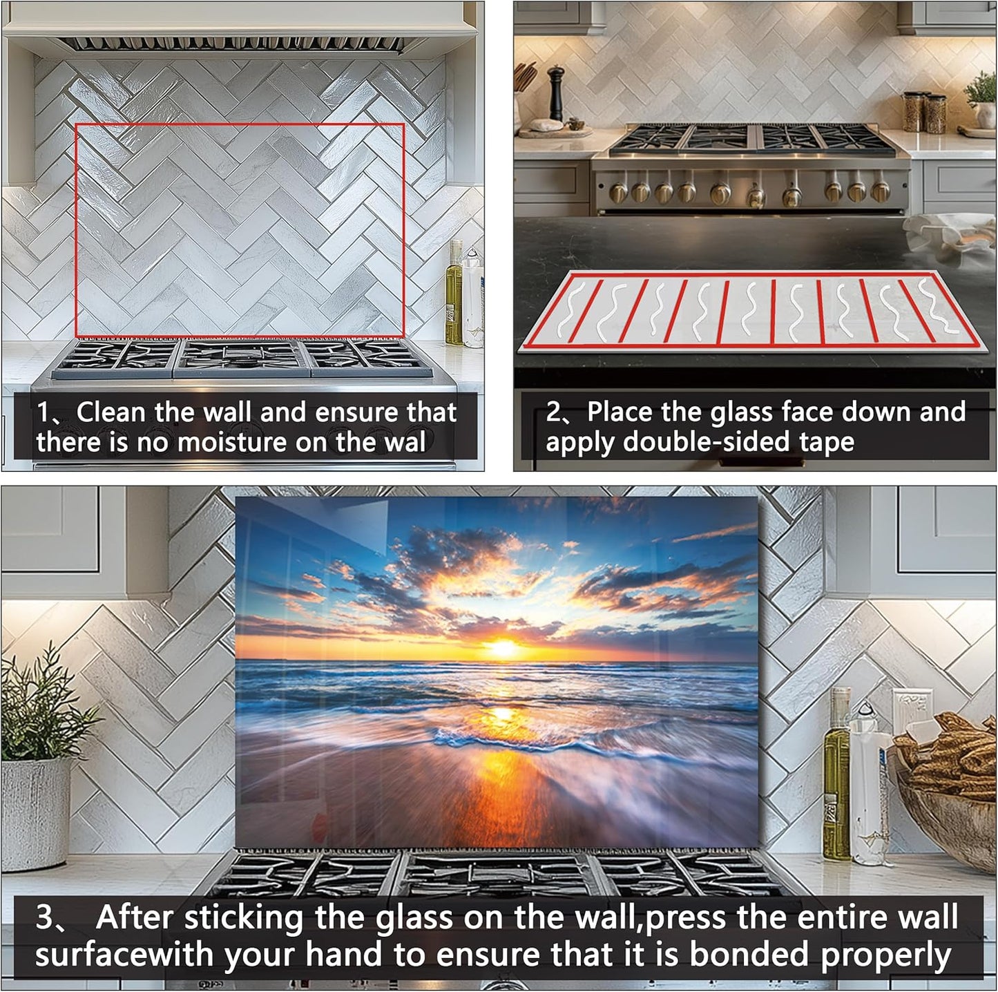 Tempered Glass Backsplash For Kitchen Behind Stove,Sea Beach Stove Backsplash Top Cover,Easy to Clean Glass Splashback, Sink Cover Splash Guard,Home Kitchen Wall Decor (30"x24"(76.2x60.96cm))