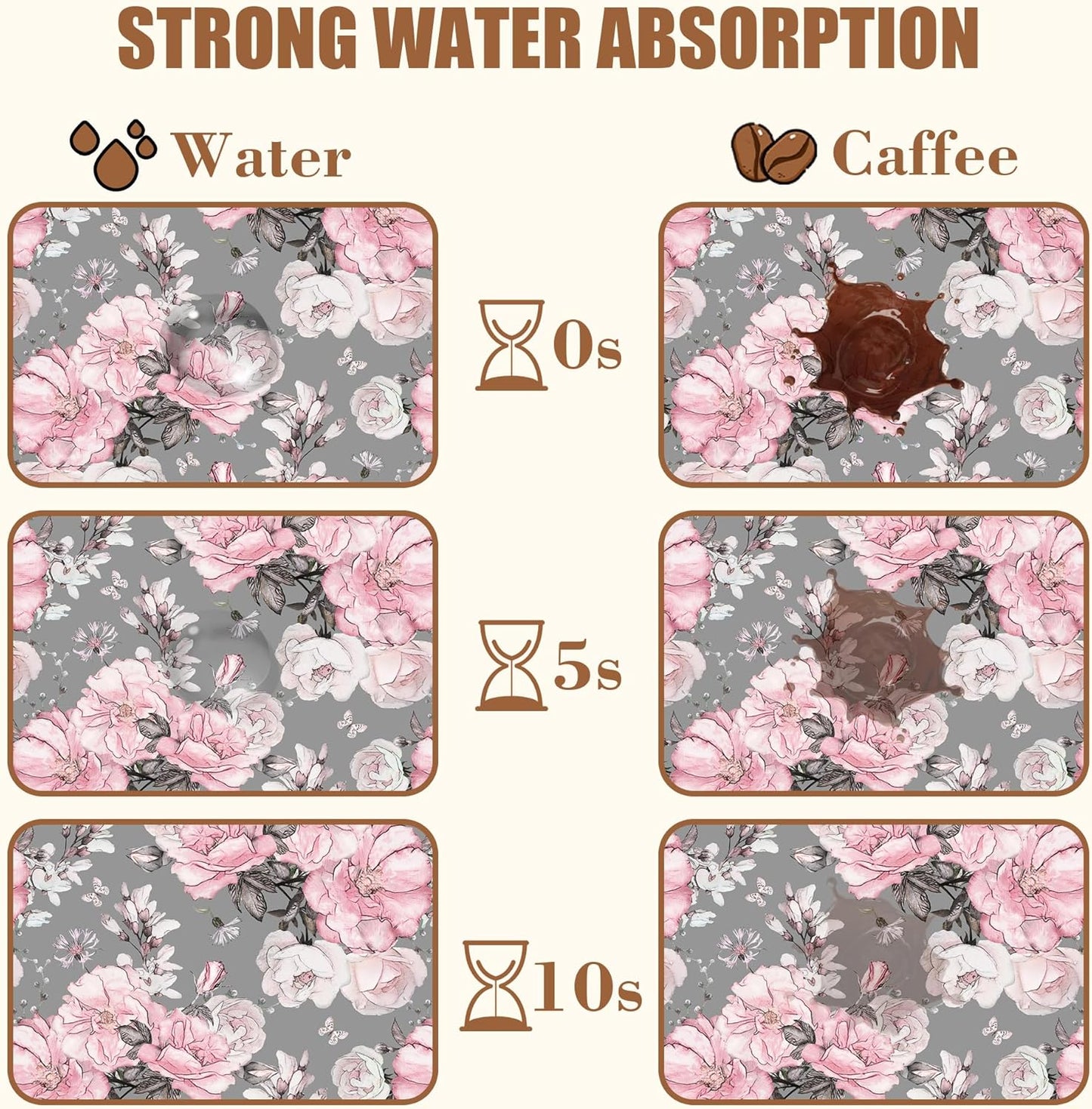 Pink Flowers and Leaves Coffee Mat Absorbent Dish Drying Mat for Kitchen Counter Hide Stain Rubber Backed Coffee Bar Accessories Fit Under Espresso Machine Dish Drainer, 15.7 x 23.6 Inch