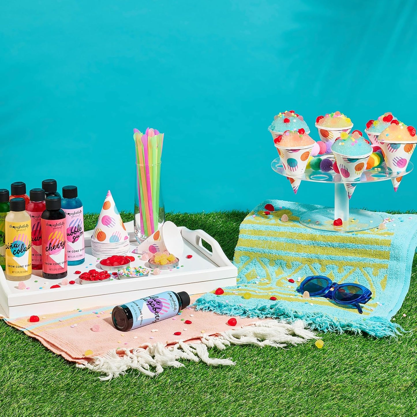 Thoughtfully Gourmet, Snow Cone Party Gift Set, Includes Ingredients for 20 Snow Cones, 8 Flavored Syrups, Toppings, and Paper Cups, Set of 20