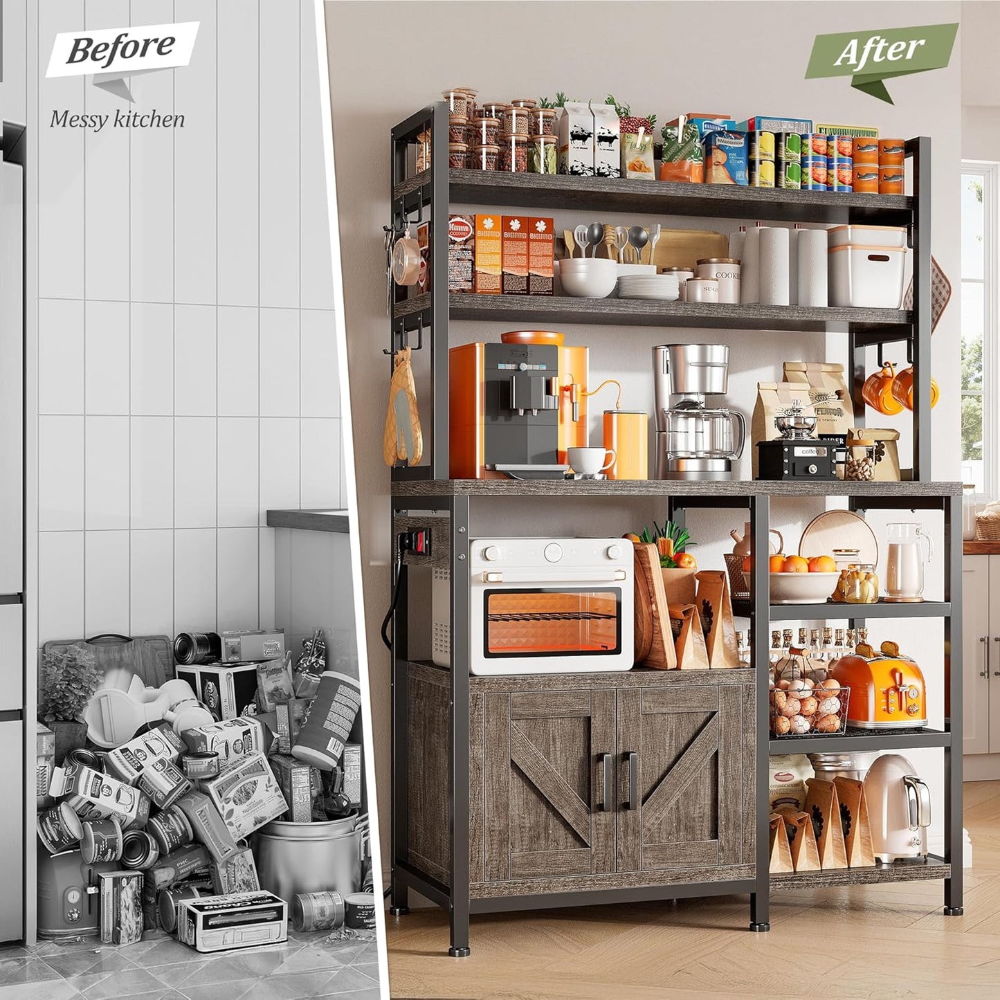 EnHomee Bakers Rack with Power Outlet, 6 Tier Microwave Stand, Coffee Bar Organizer with 8 L-Shaped Hooks, Kitchen Shelves with Storage, 14.1 x 30.1 x 63.1 Inches, Black Oak