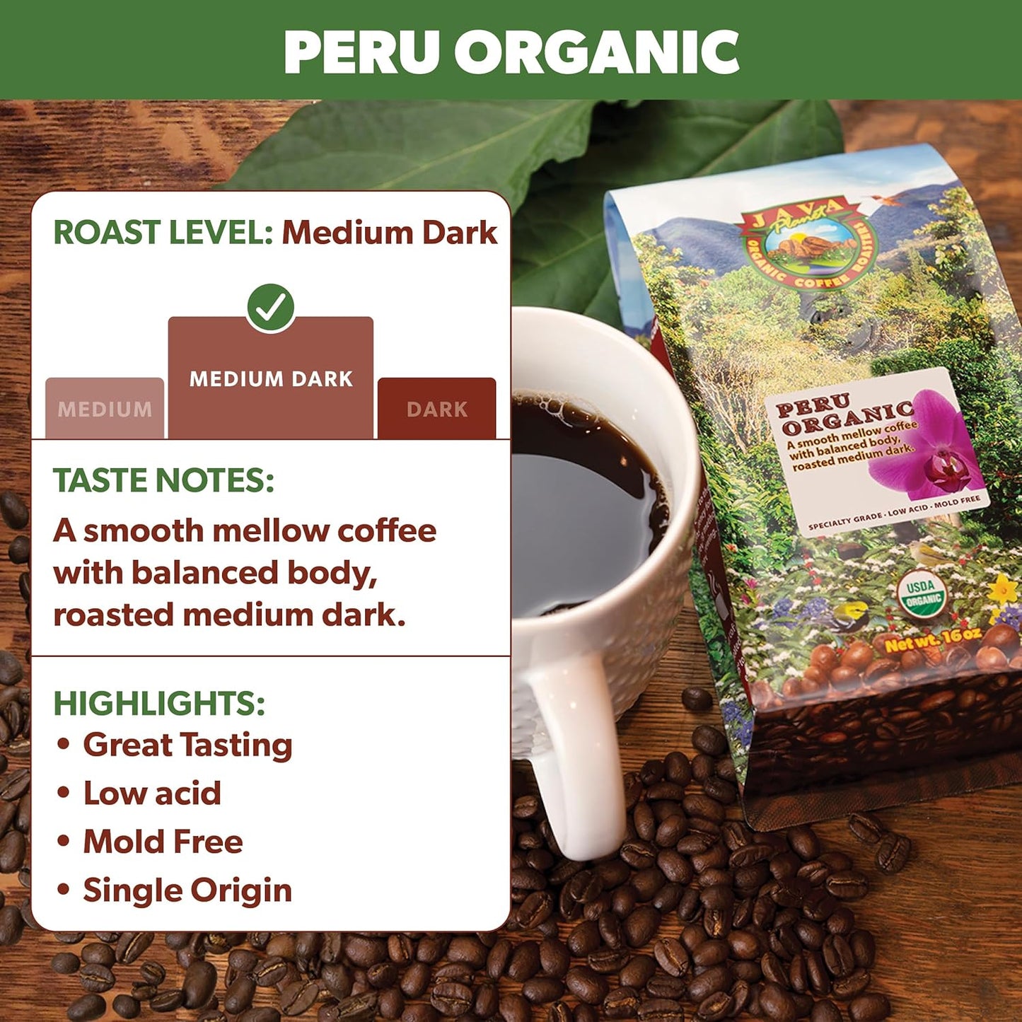 Low Acid Organic Coffee – Whole Bean, Mold-Free & Stomach Friendly by Java Planet, Peruvian Single Origin Coffee, Medium Dark Roast, Smooth Full Flavored, 5LB Bag