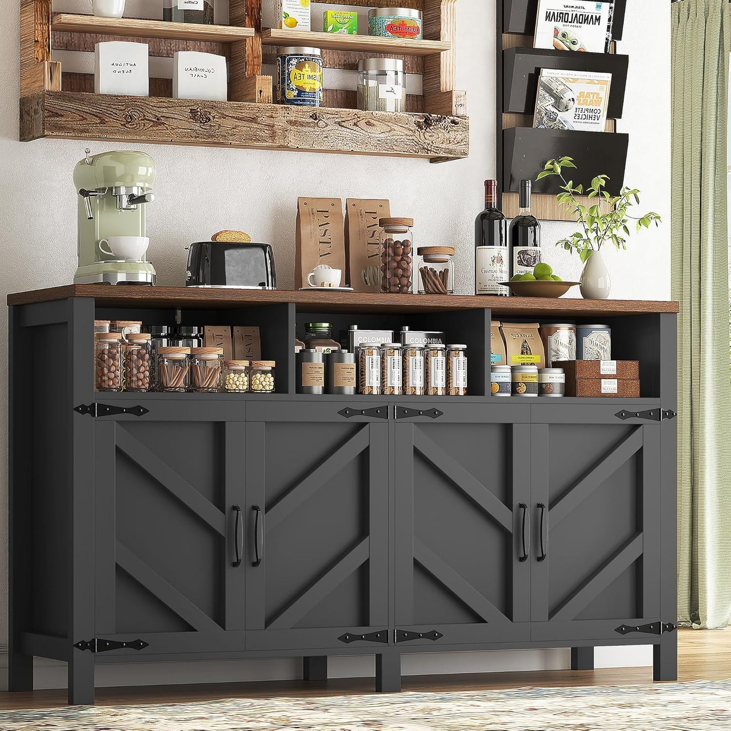 Buffet Sideboard with Storage Farmhouse with 4 Doors, 55'' Large Kitchen Storage Cabinet Wood Coffee Bar Cabinet Buffet Table with Shelves for Kitchen, Dining Room, Entryway (Black, 55 in)