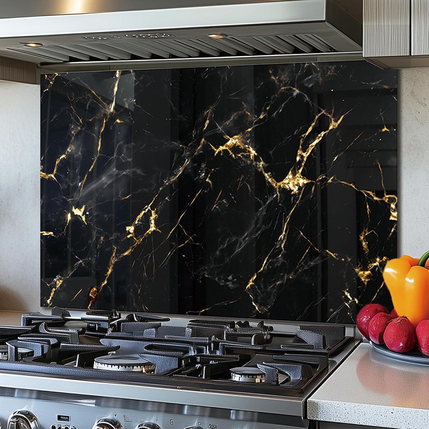 DAIFURONGE Tempered Glass Backsplash For Kitchen Behind Stove,Black Marbling Stove Backsplash Top Cover,Easy to Clean Glass Splashback, Sink Cover Splash Guard,Home Kitchen Wall Decor (30"x24"(76.2x60.96cm))