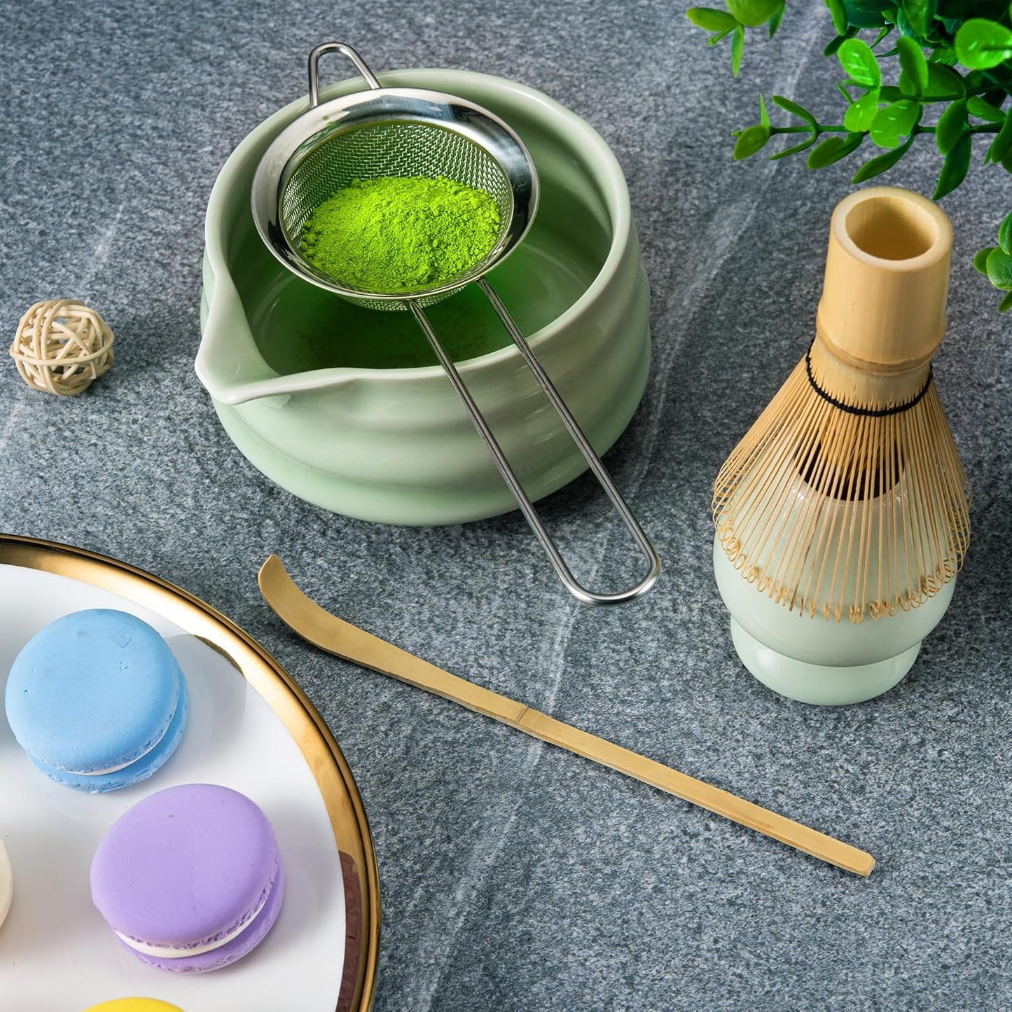Marce Matcha Whisk Set- Matcha Set includes Matcha Whisk and Bowl with Spout, Sifter, Holder and Scoop- The Perfect Bamboo Whisk for Matcha Tea (Green)