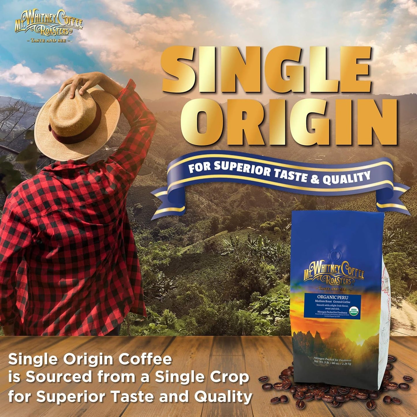 Mt. Whitney Organic Shade Grown, Low Acid Coffee from Peru (Ground, 5 Lb)