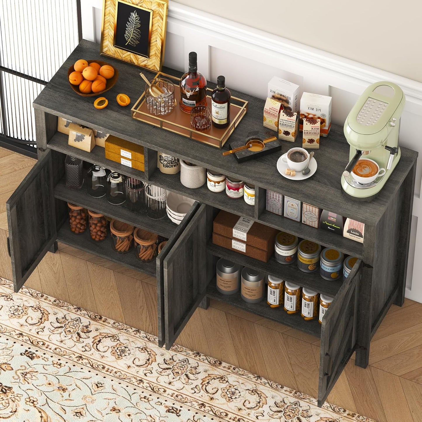 Buffet Sideboard with Storage Farmhouse with 4 Doors, 55'' Large Kitchen Storage Cabinet Wood Coffee Bar Cabinet Buffet Table with Shelves for Kitchen, Dining Room, Entryway (Gray, 55in)