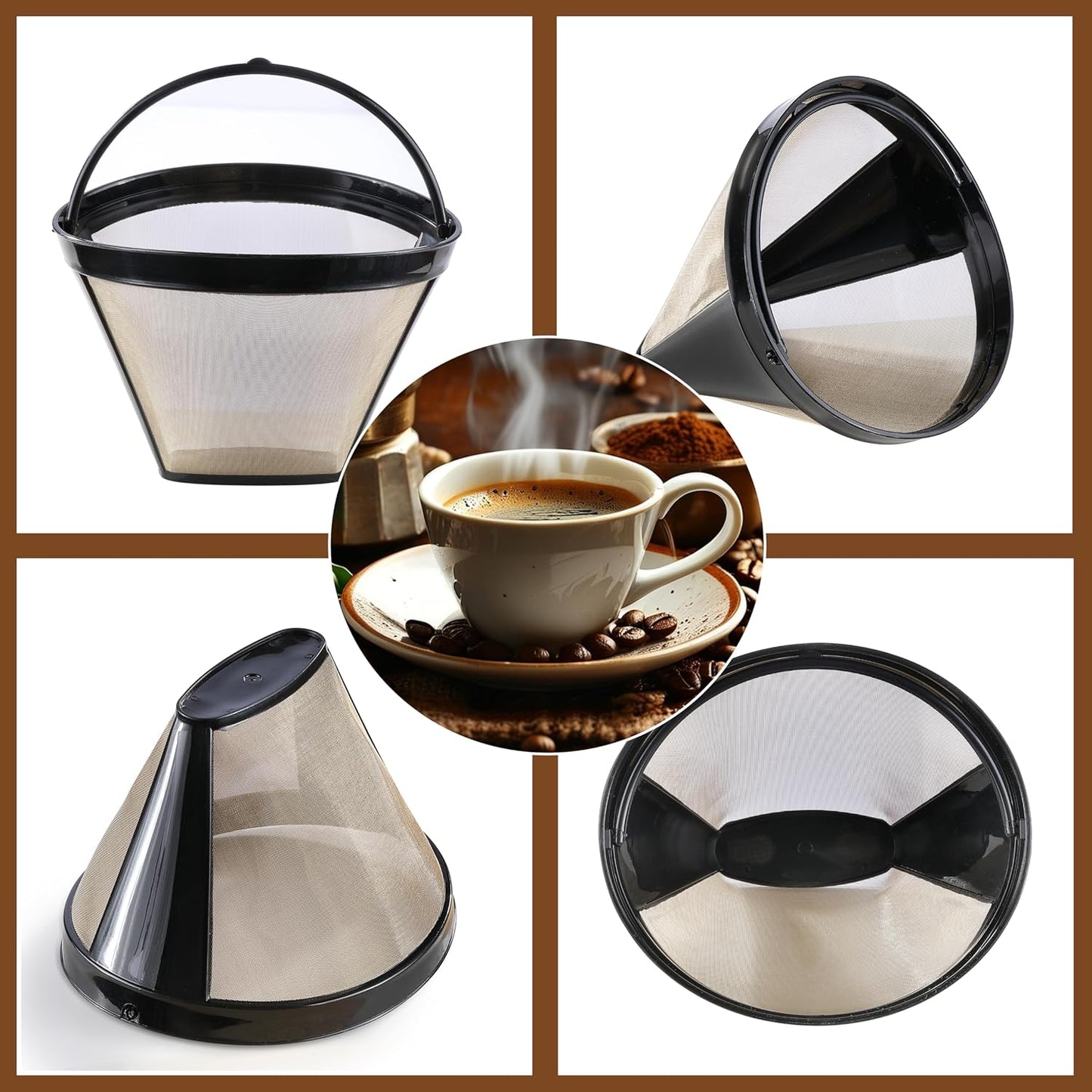 2 Pack Reusable Coffee Filters, Gold Metal Permanent Coffee Filter Basket Replacement for Cuisinart and Ninja Coffee Maker (8-12 Cup), Food-grade and Easy Cleaning