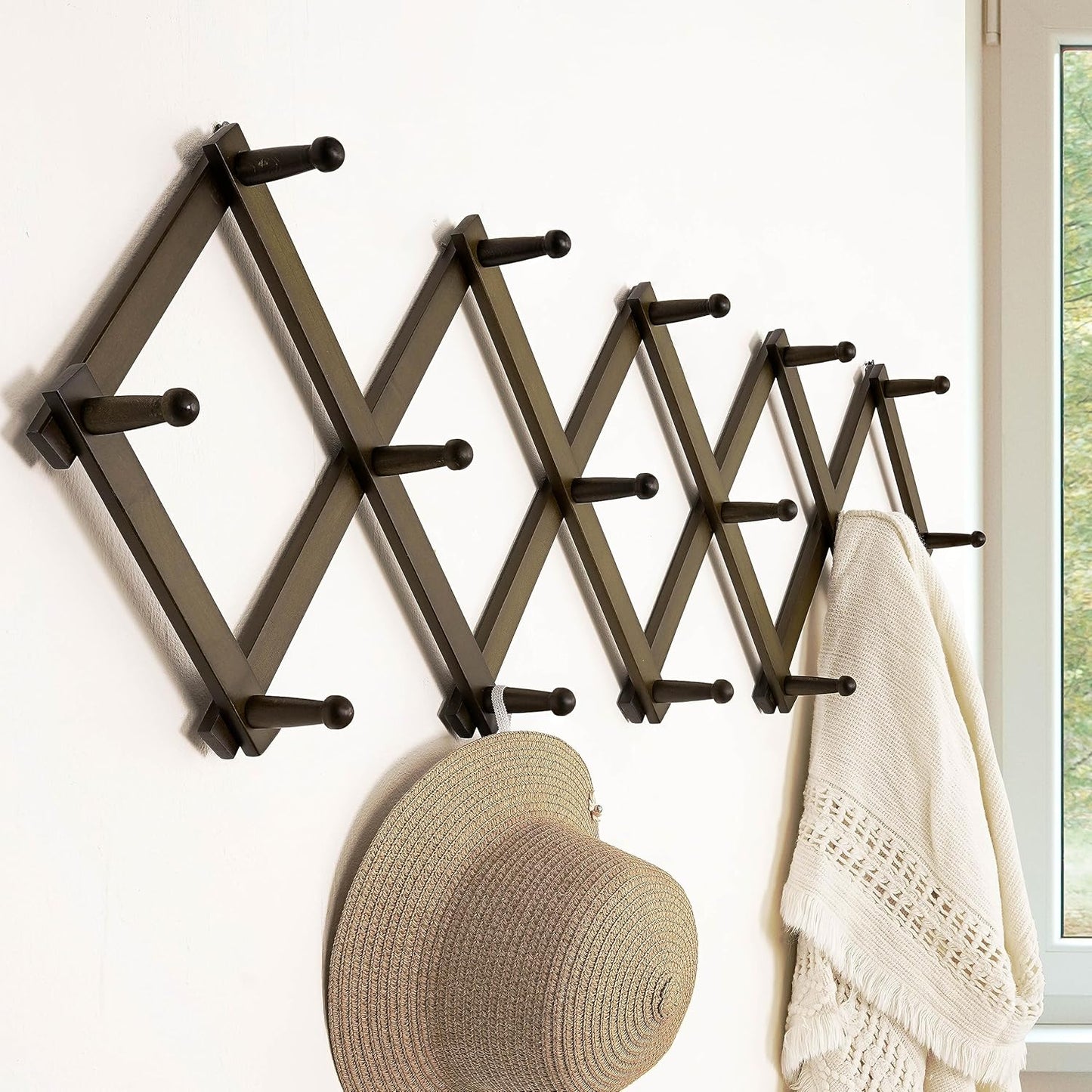 Dseap Accordion Wall Hanger:16'' High Wooden Wall Expandable Coat Rack,Hat Rack Holder,Accordion Hook for Baseball Caps,Coats,16 Peg Hooks,Dark Walnut
