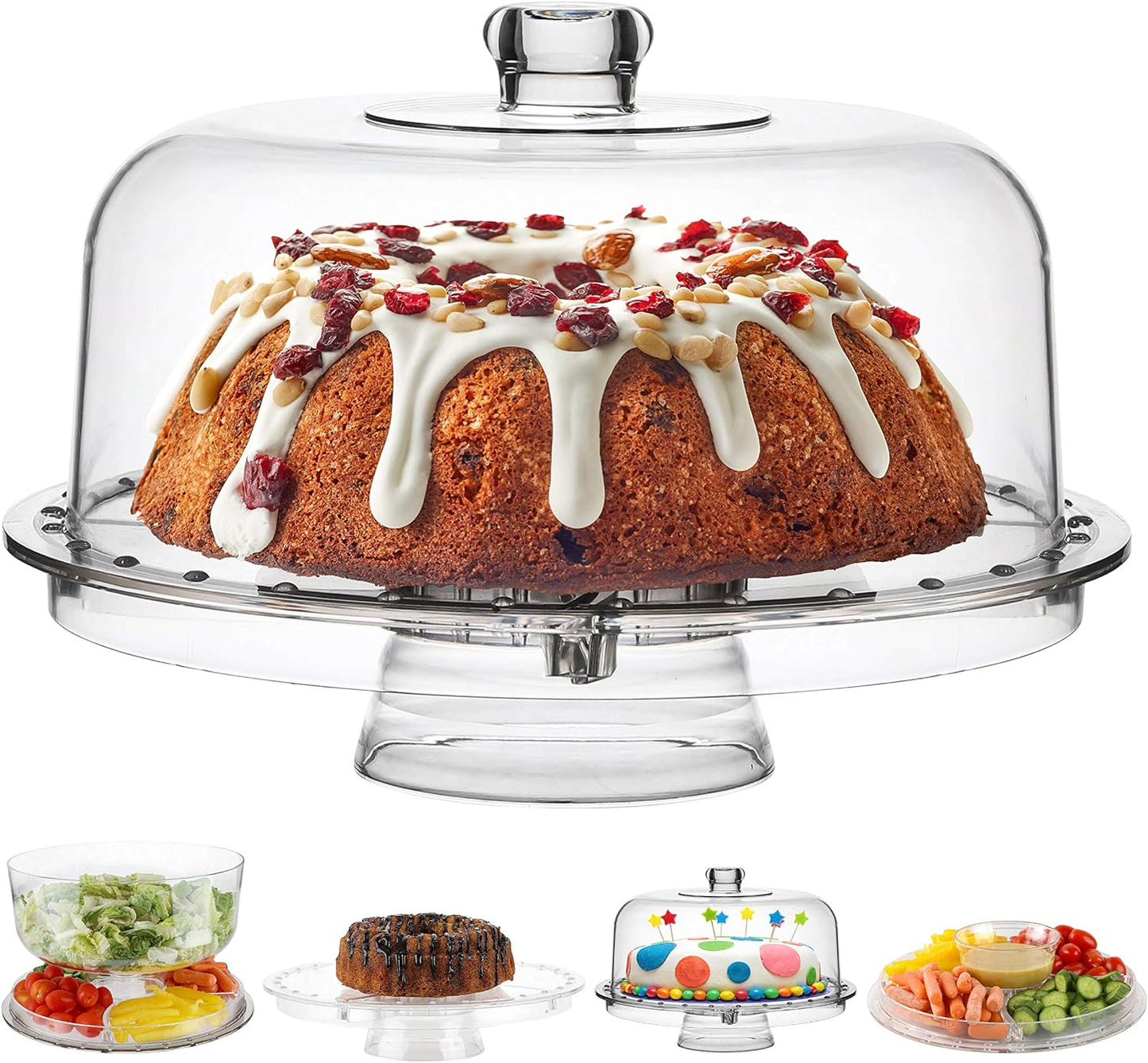 Homeries Acrylic Cake Stand with Lid, Cake Plate, (6 in 1) Multi-Functional Serving Platter, Large Cake Stand with Dome, Cake display stand with lid & Cake Dome - Use as Cake Holder, Cake Cover