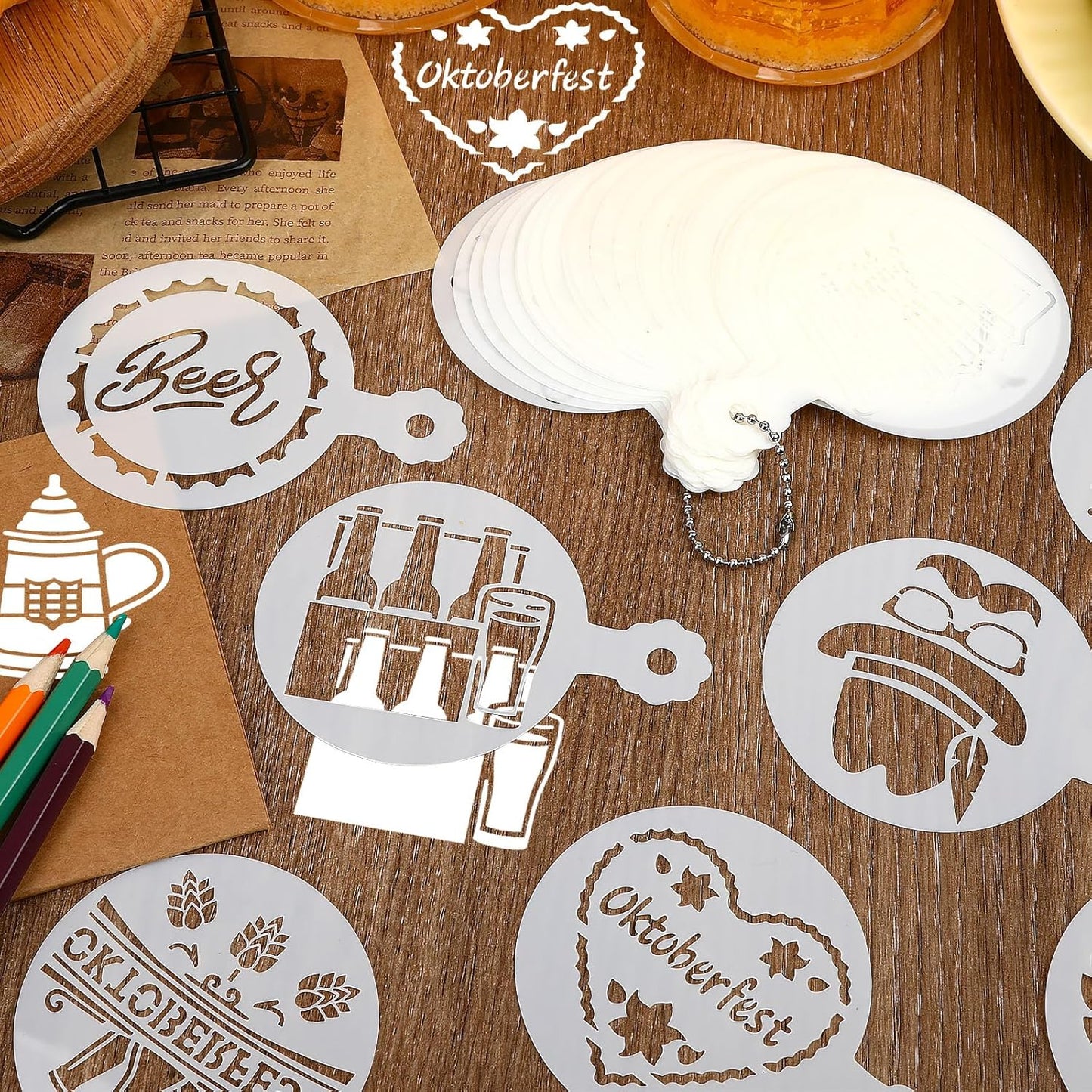 JULBEAR 36 Pieces Reusable Oktoberfest Cookie Cake Stencils Bavarian Style Templates Mold Tools for Oktoberfest Party Cookies Baking Painting Coffee Decoration