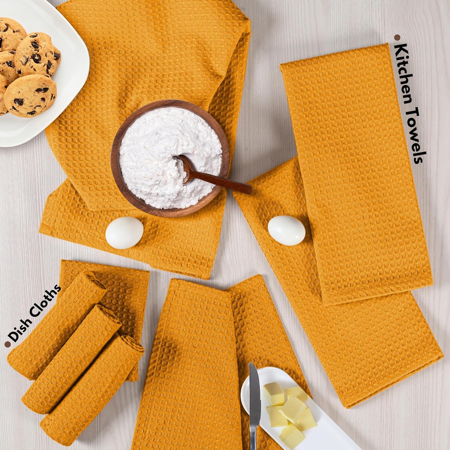 Native Fab Cotton Kitchen Towel & Dish Cloth 8 Piece Set - Machine Washable, Absorbent & Durable Towels for Cleaning, Cooking, Baking - Ideal for Home, BBQ, Everyday Use - Mustard Yellow
