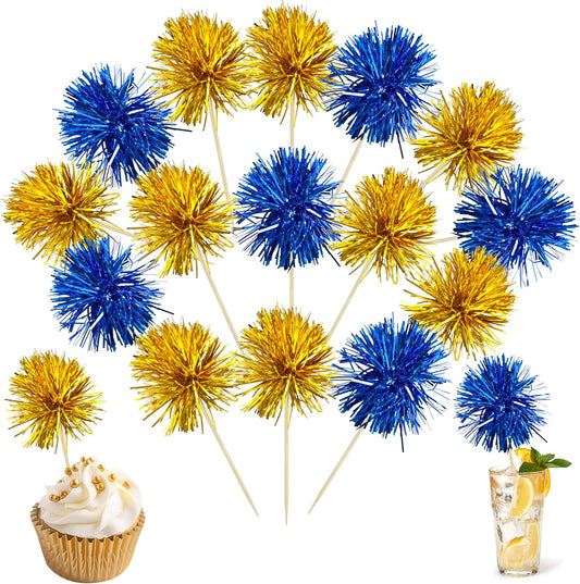 Ephlyn 30Pcs Foil Firework Cupcake Toppers Sparkles Fireworks Sticks Birthday Decorations Sparkle Tinsel Cocktail Fruit Toothpick for Birthday Wedding Graduation Party Cake Decorations Dark Blue Gold