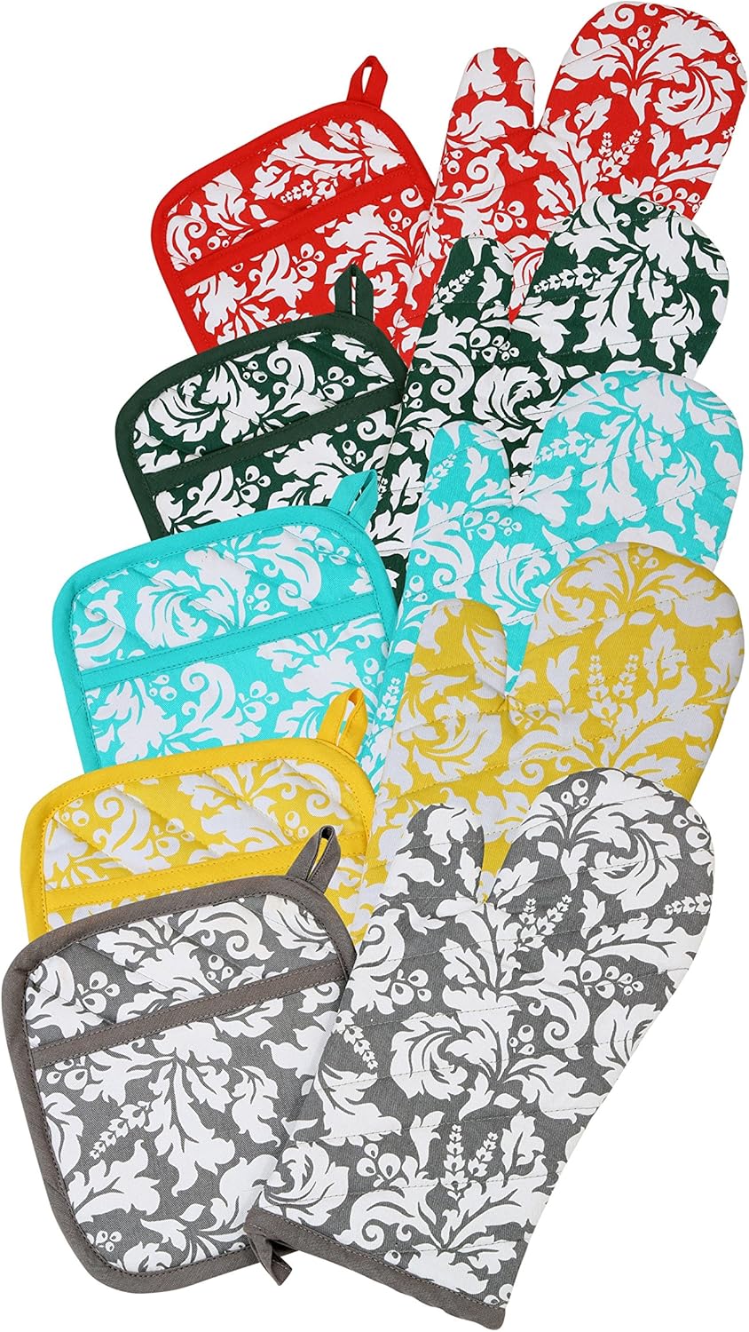 Yourtablecloth Set of Oven Mitt and Pot Holder or Oven Gloves-100% Cotton, High Heat Resistance, Superior Protection & Comfort–Elegant Design-Machine Washable-Nautical Blue