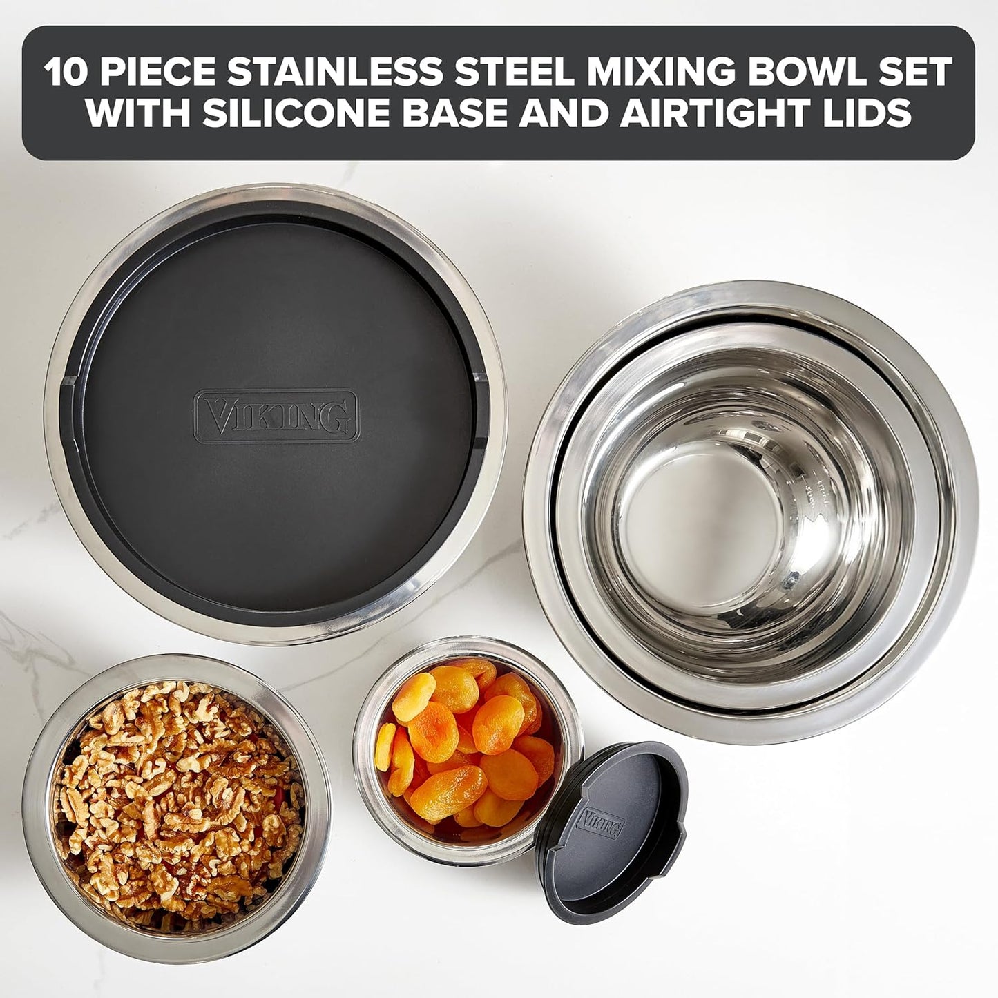 Viking Mixing Bowls Set, 10 Piece Stainless Steel Kitchen Cookware, Non-Slip Silicone Base, Includes Tight Fit Lids, Dishwasher Safe, Black