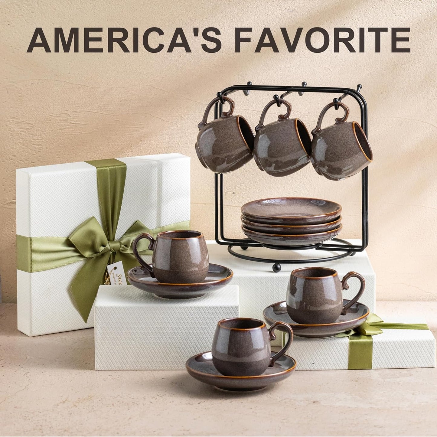 LYEOBOH 3 Ounce Espresso Cups and Saucers Set of 6, Ceramic Small Coffee Cups with Metal Holder and Spoons, Cute Demitasse Cups for Tea, Espresso, Latte, Cafe Mocha, Brown