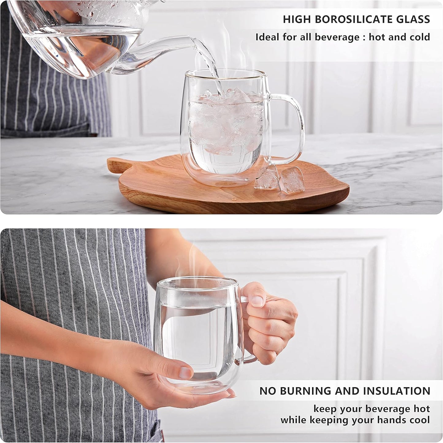 CNGLASS Large Double Wall Glass Coffee Mug 15.2oz,Clear Insulated Glass Espresso Cup with Big Handle,set of 1