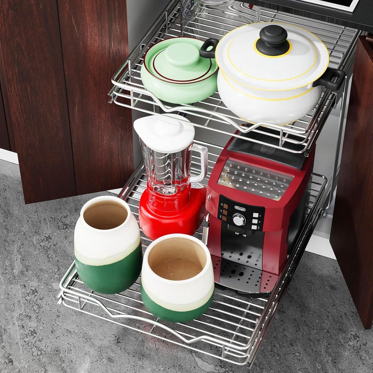 HOLDN’ STORAGE Two Tier Pull Out Cabinet Organizer, Individual Sliding Drawers - Heavy Duty Metal with Lifetime Limited Warranty - Anti Rust Chrome Finish - 8.5" W x 21”D x 16.5" H