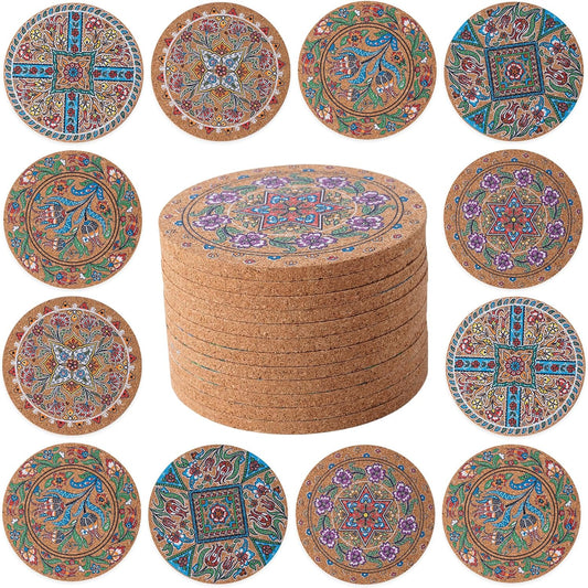 Coasters for Drinks 12 pcs Absorbent Cork Coasters with Turkish Mandala Pattrn for Coffee Table Housewarming Gifts for New Home Present for Friends, Living Room Decor, Apartment Decor