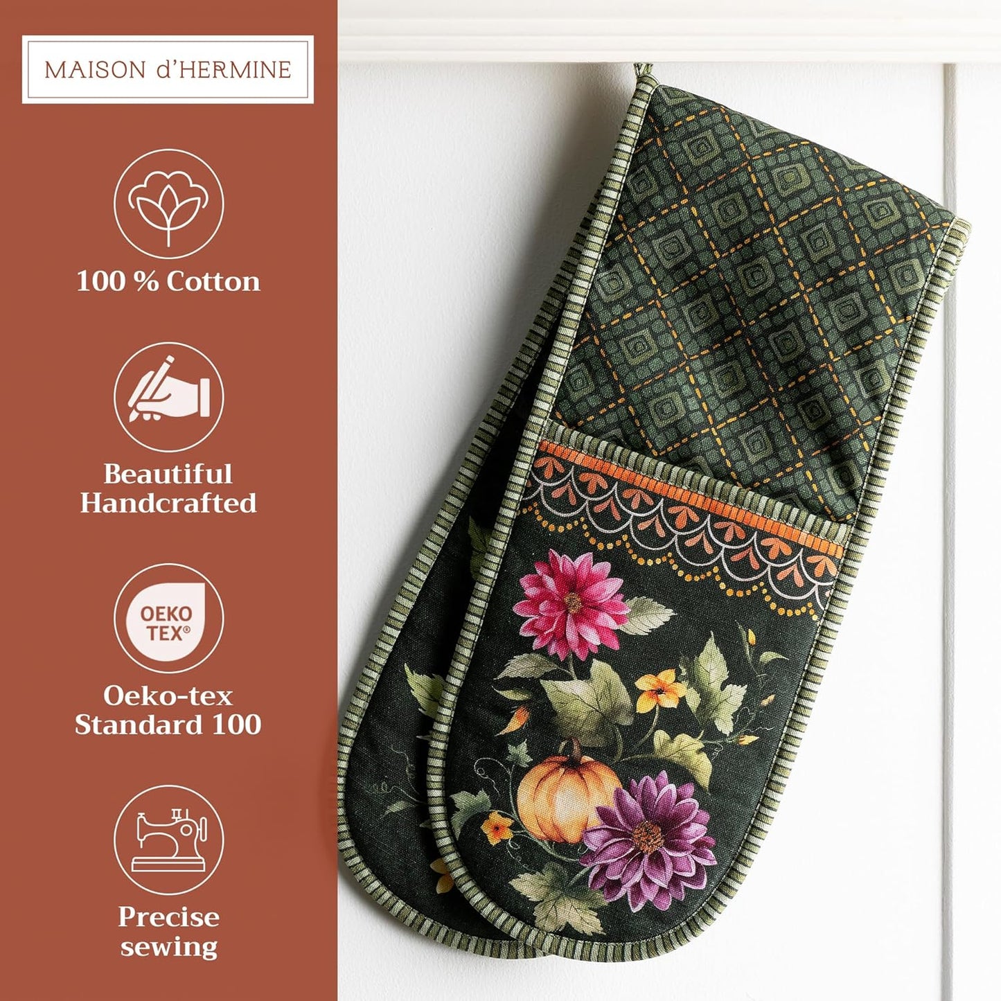 Maison d' Hermine Double Oven Mitts 100% Cotton 7"x35" Double Oven Mitt Heat Resistant BBQ Cooking Gloves with Loop, Baking, Grilling, Home, Kitchen, Handling Hot Pans (Pumpkin Garden - Dark Green)