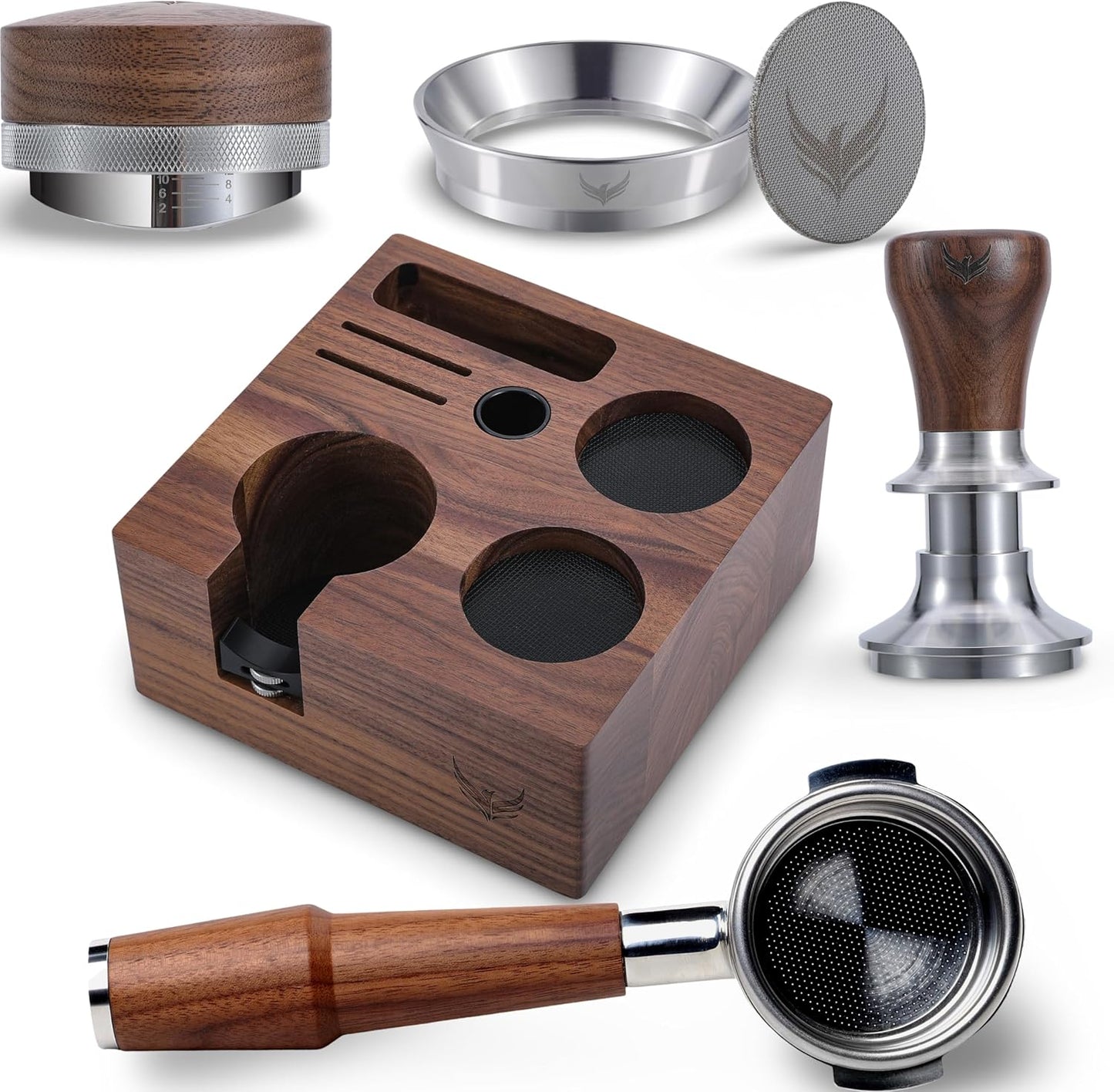 58mm Rocket Accessories Kit – E61 Bottomless Portafilter, Espresso Tamper, Distributor, Tamping Station, Puck Screen & Funnel Premium Walnut Espresso Tools Barista Kit