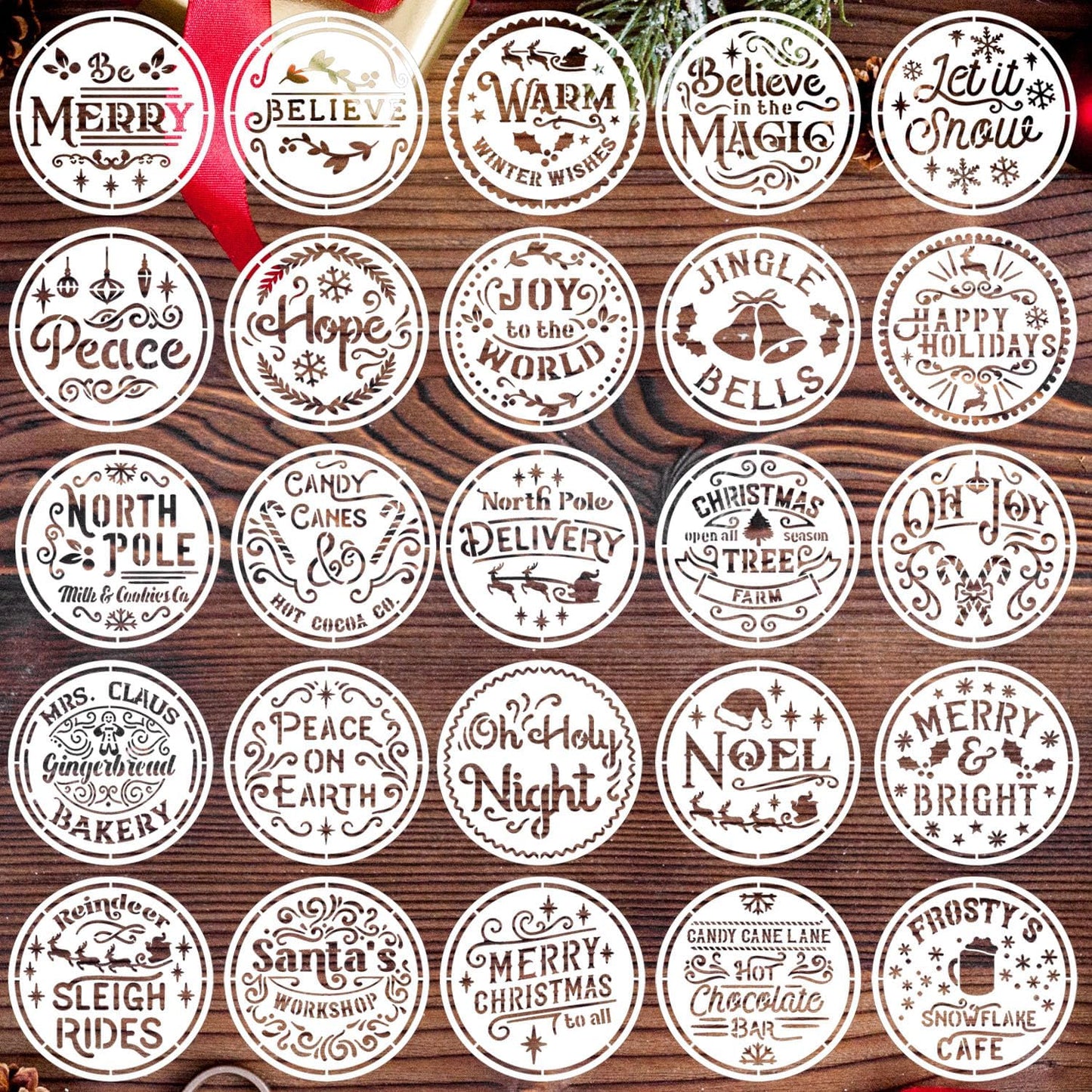 Small Christmas Stencils 4inch,Christmas Stencil Xmas Vintage Stencils Holiday Templates for Painting on Wood Slice