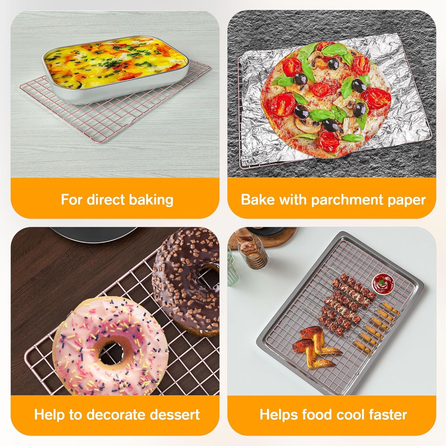 2PCS Cooling Racks for Cooking and Baking - 10" x 16"Heavy Duty Stainless Steel Wire Rack for Baking, Grilling, Roasting - Oven & Dishwasher Safe - Fits Half Sheet Pan（Rose Gold）