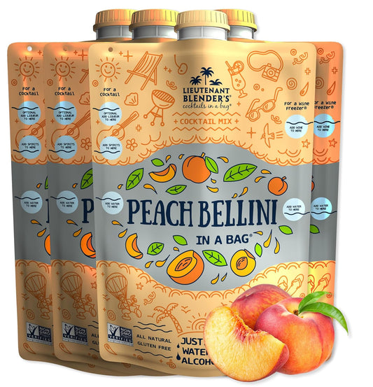 Lt. Blender's Peach Bellini in a Bag - Wine Slushie Mixes - Each Bag Makes 1/2 Gallon of Frozen Peach Bellini Mix – Non-GMO Wine Freezer mix - Make with Wine, Liquor or as a Mocktail - (Pack of 4)