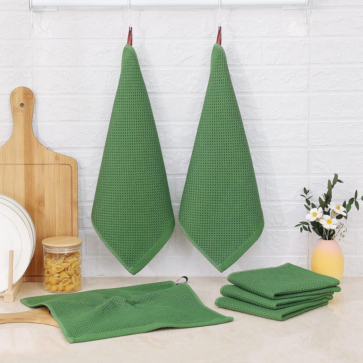 Kitinjoy 100% Cotton Kitchen Dish Cloths, 12 Pack Waffle Weave Ultra Soft Absorbent Dish Towels for Drying Dishes Quick Drying Kitchen Towels Dish Rags, 12 X 12 Inches, Grass Green