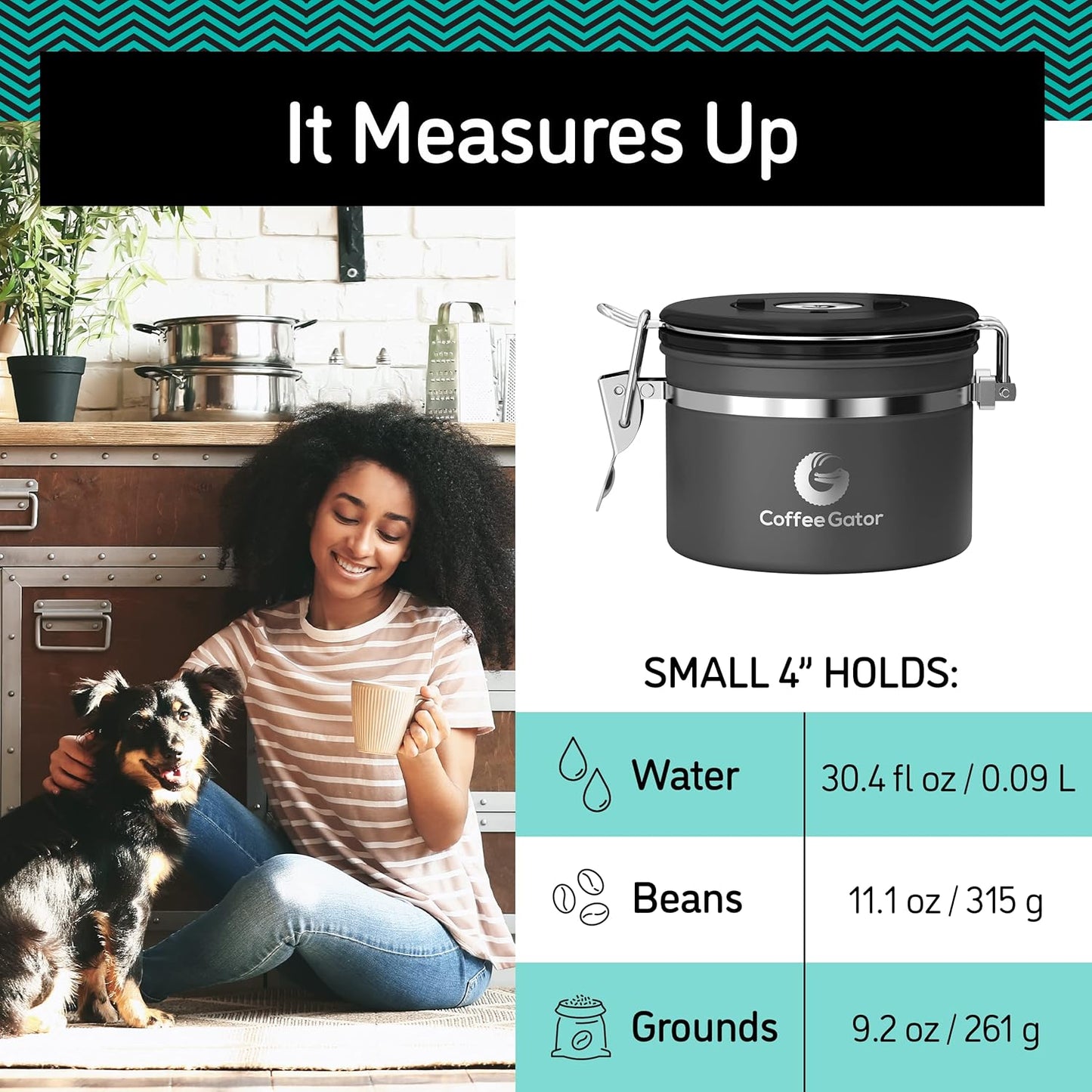 Coffee Gator Coffee Canister, 11oz Airtight Stainless Steel Kitchen Food Storage Container with Date Tracker, CO2-Release Valve and Scoop for Sugar, Beans, Tea, Sugar, Cereal, Cookies Jars - Black