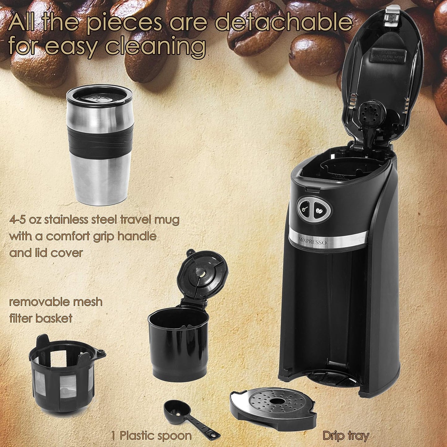 Mixpresso 2 in 1 Grind & Brew Automatic Personal Coffee Maker, Automatic Single Serve Coffee Maker with Grinder Built-In and 14oz Travel Mug, Auto Shut Off Function,Black Travel Coffee Maker